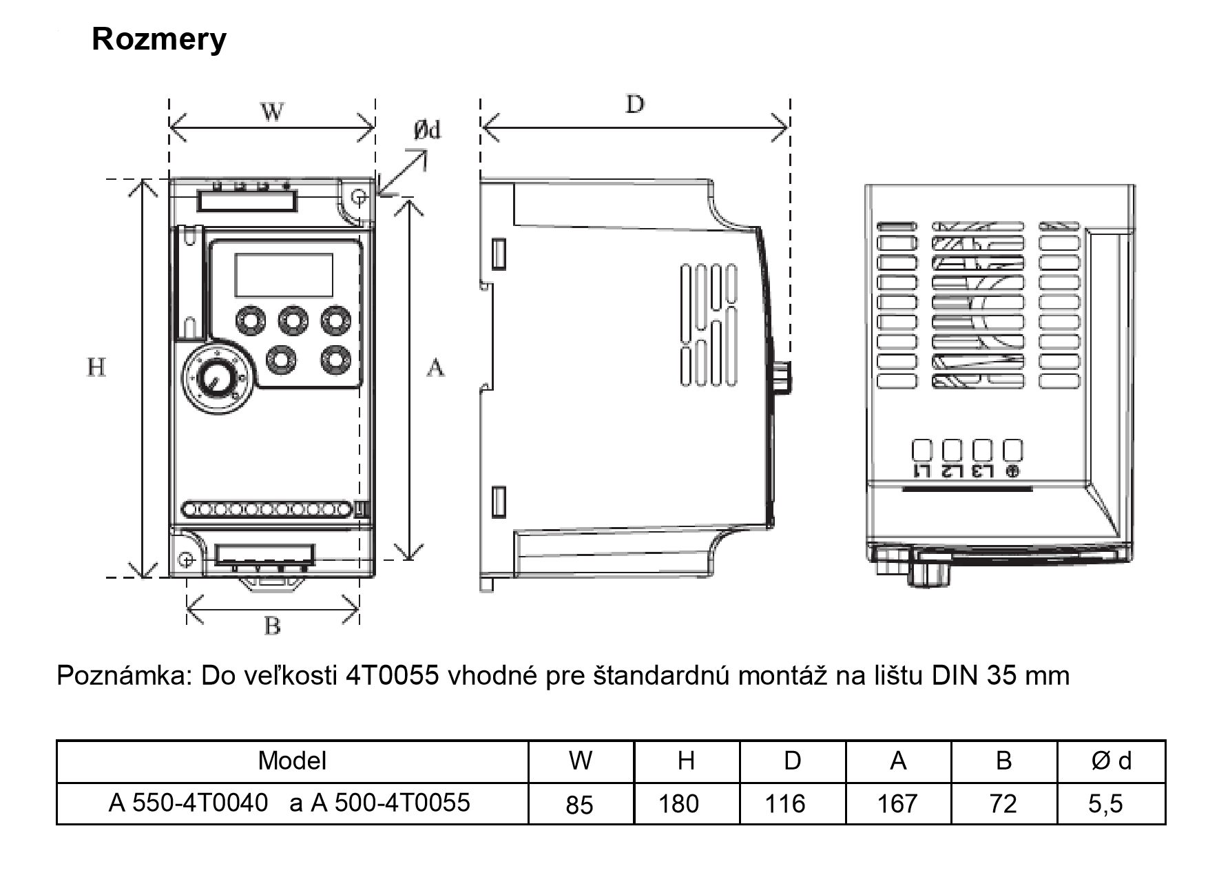 rozměrový výkres frekvenční měnič 5,5kw A550