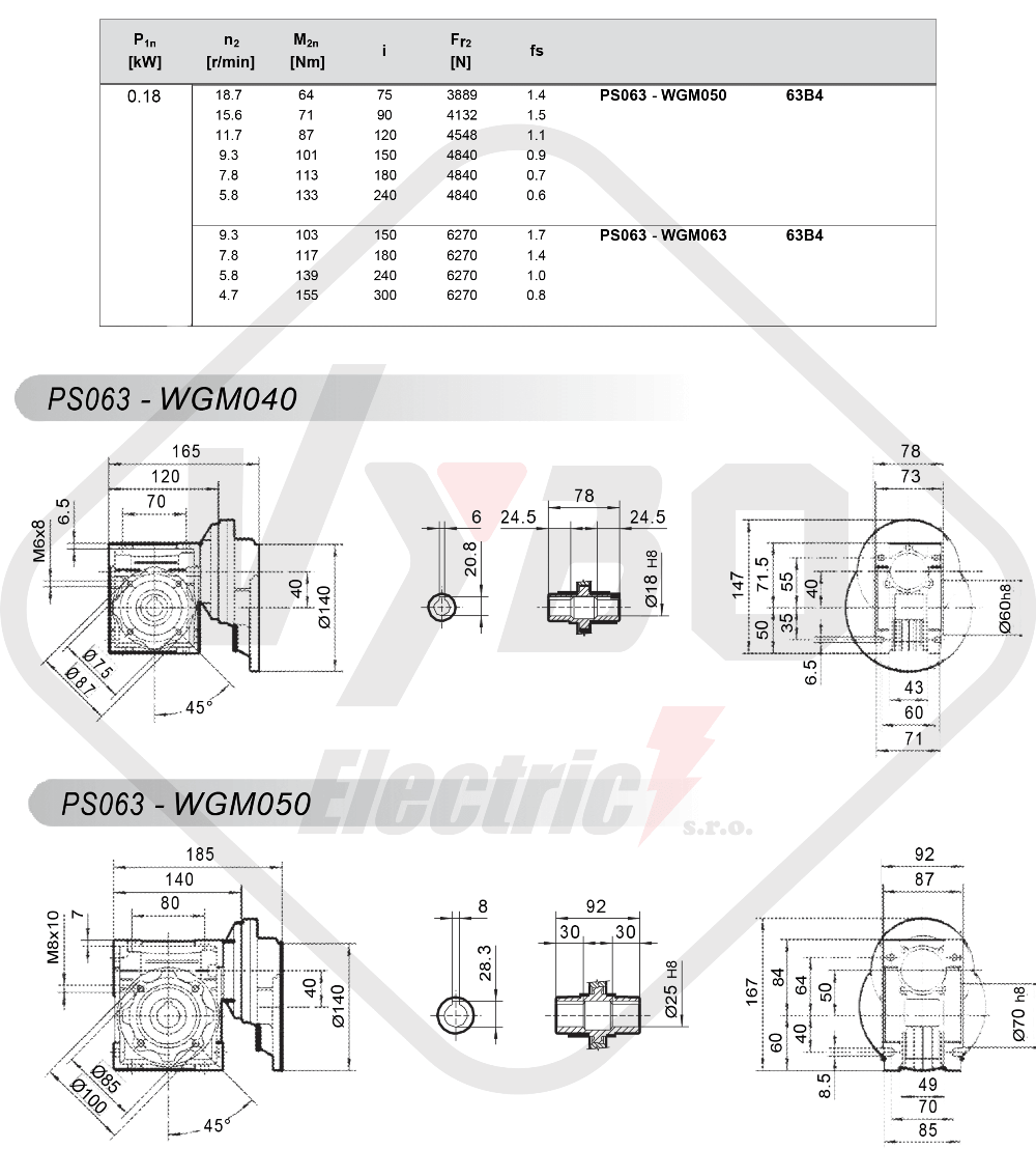 parametry výkonu čelní mezipřevodovka PS063