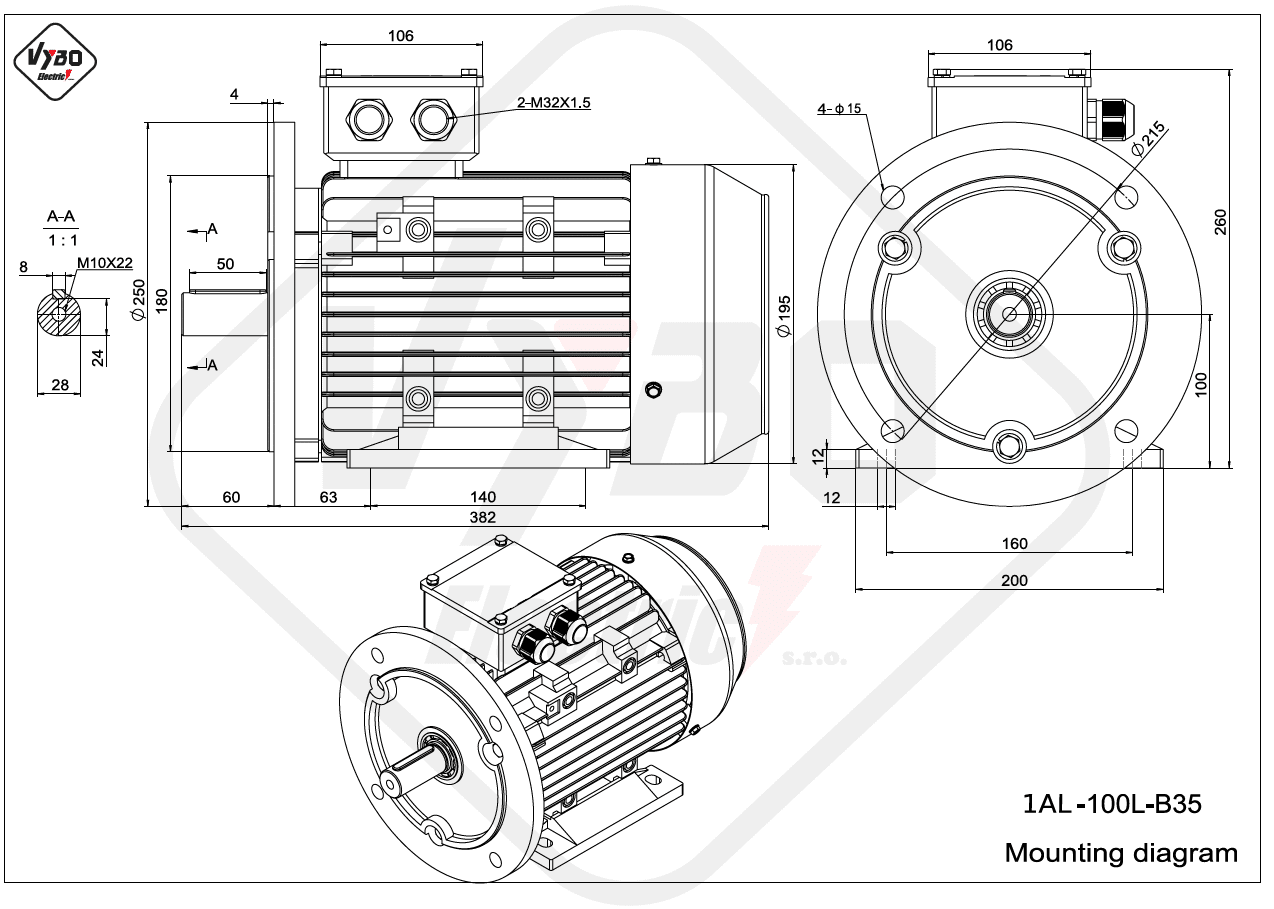 rozmerový výkres elektromotor 1AL 100L B35 online