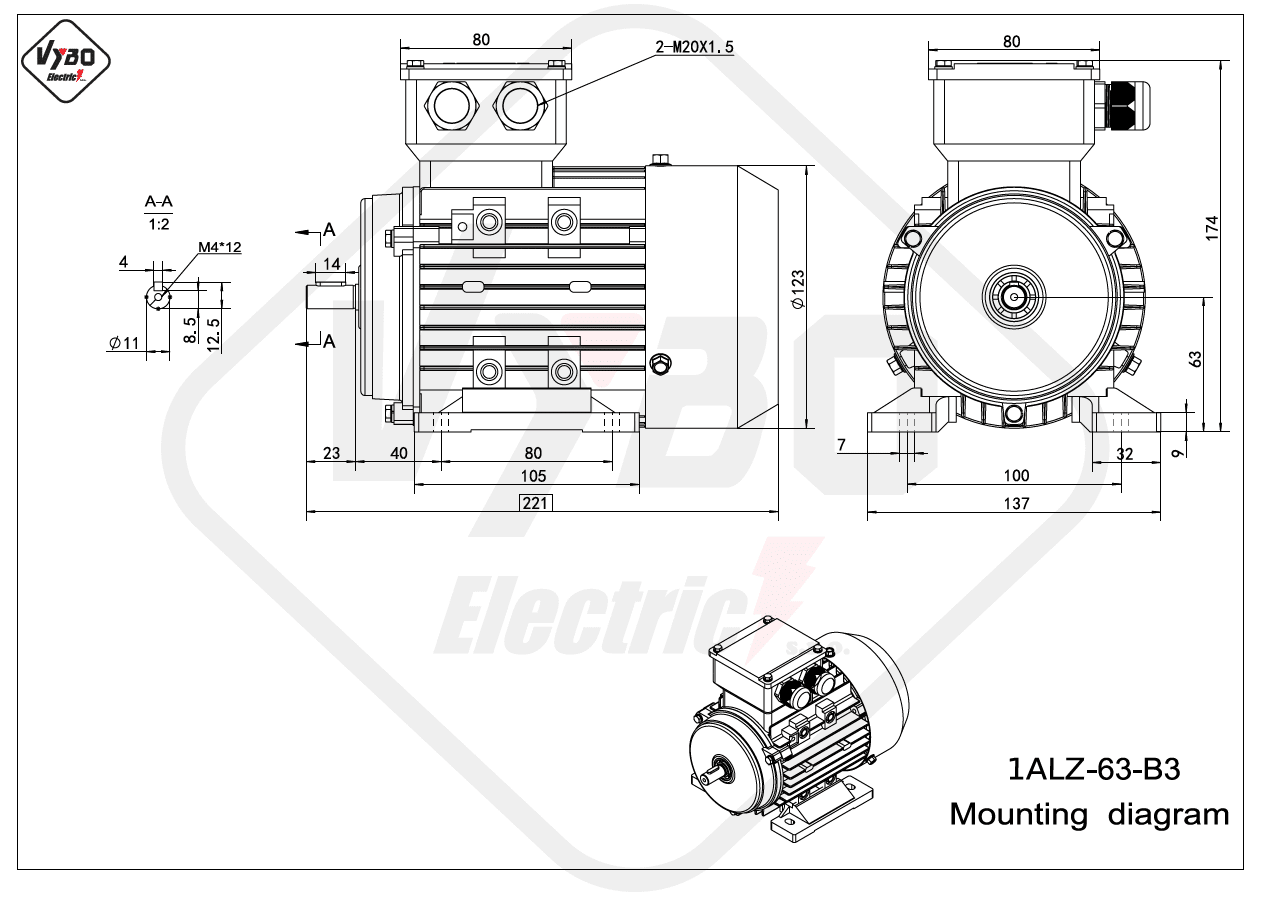 rozměrový výkres elektromotor 1ALZ 63 B3