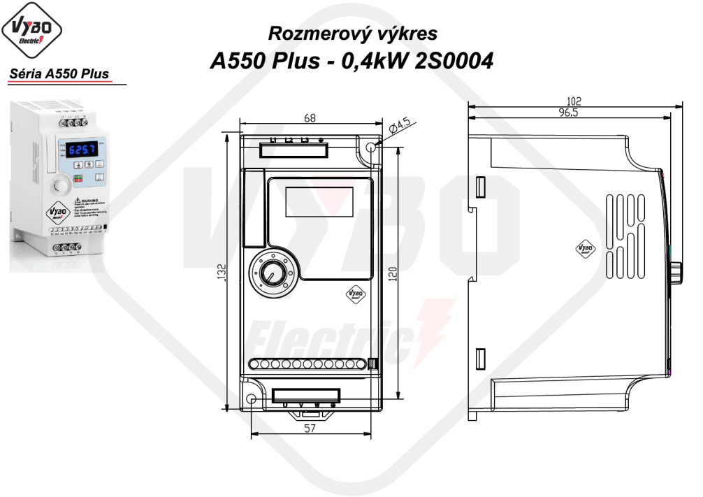 rozměrový výkres frekvenční měnič A550 Plus 2S0004