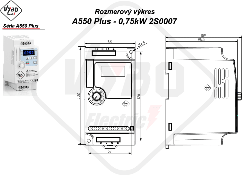 rozměrový výkres frekvenční měnič A550 Plus 2S0007