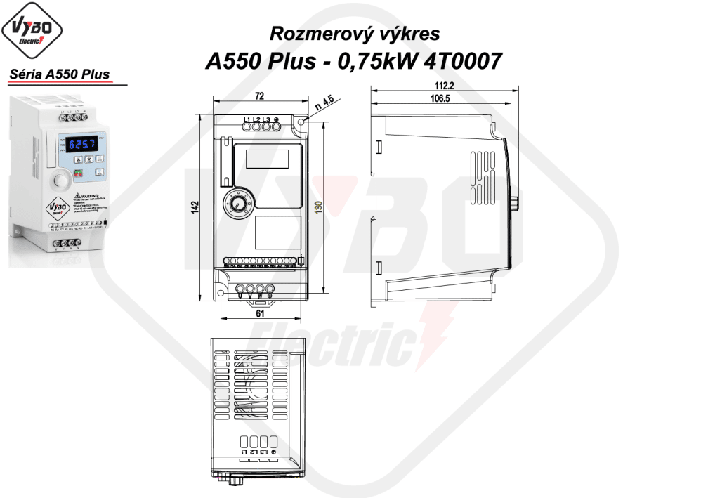 rozměrový výkres frekvenční měnič A550 Plus 4T0007