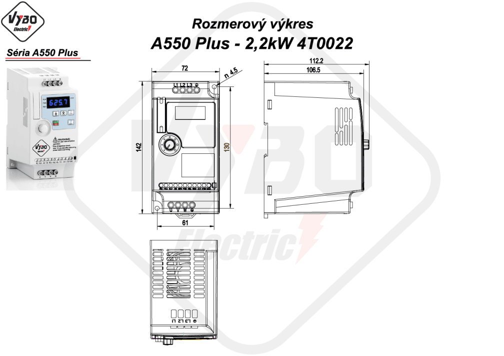 rozměrový výkres frekvenční měnič A550 Plus 4T0022