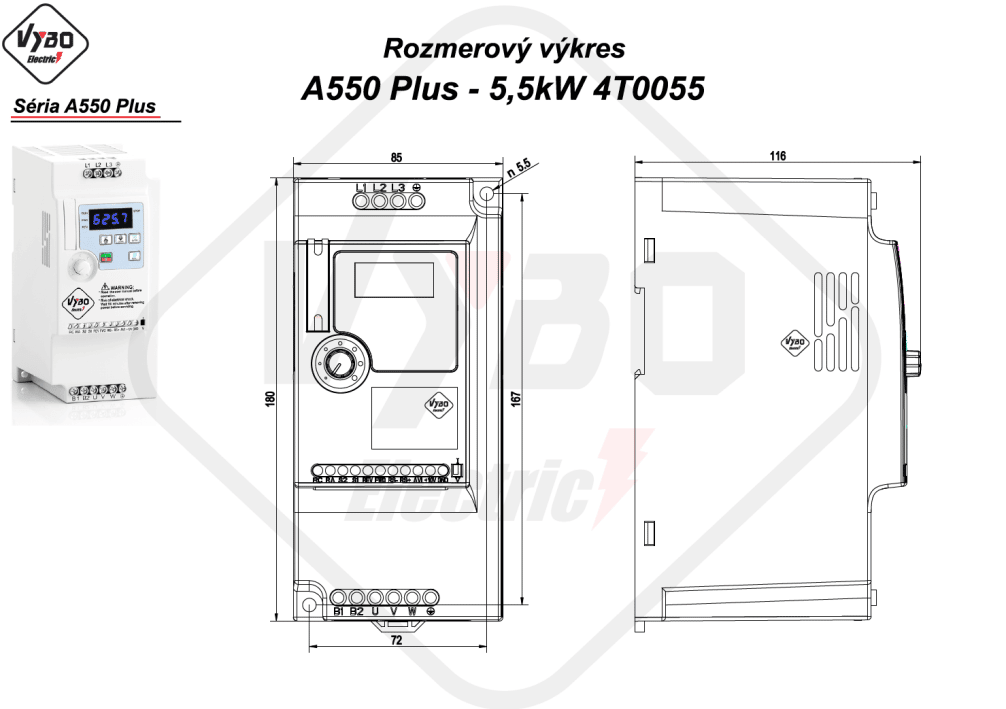 rozměrový výkres frekvenční měnič A550 Plus 4T0055