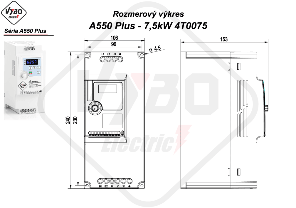 rozměrový výkres frekvenční měnič A550 Plus 4T0075