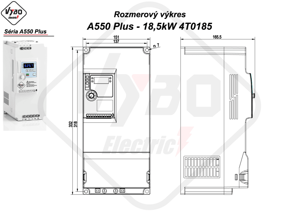 rozměrový výkres frekvenční měnič A550 Plus 4T0185