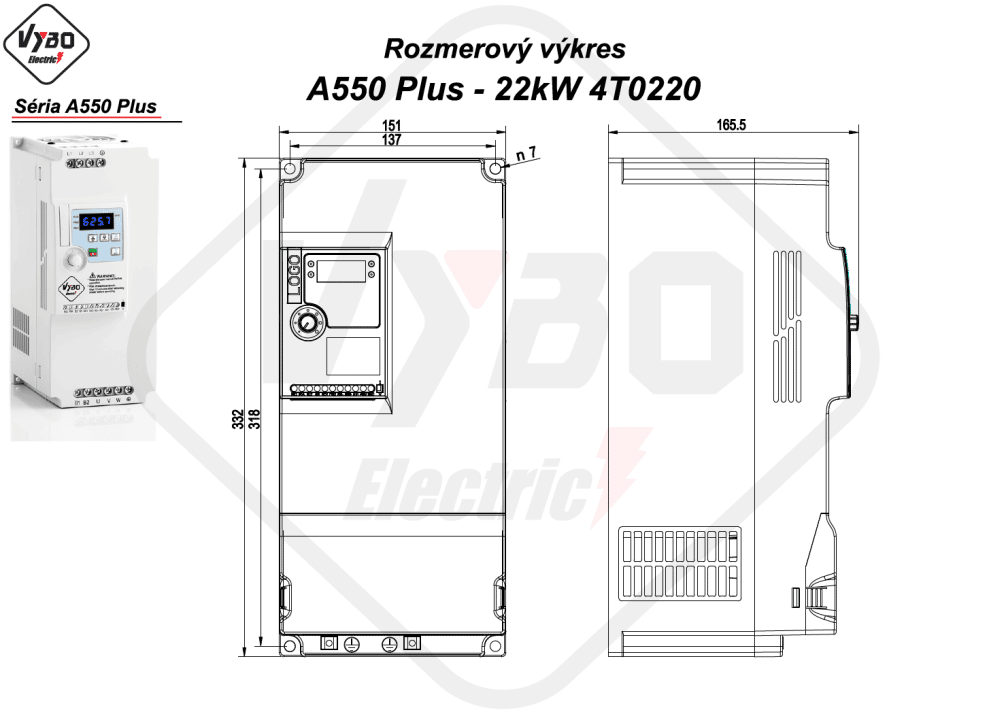 rozměrový výkres frekvenční měnič A550 Plus 4T0220