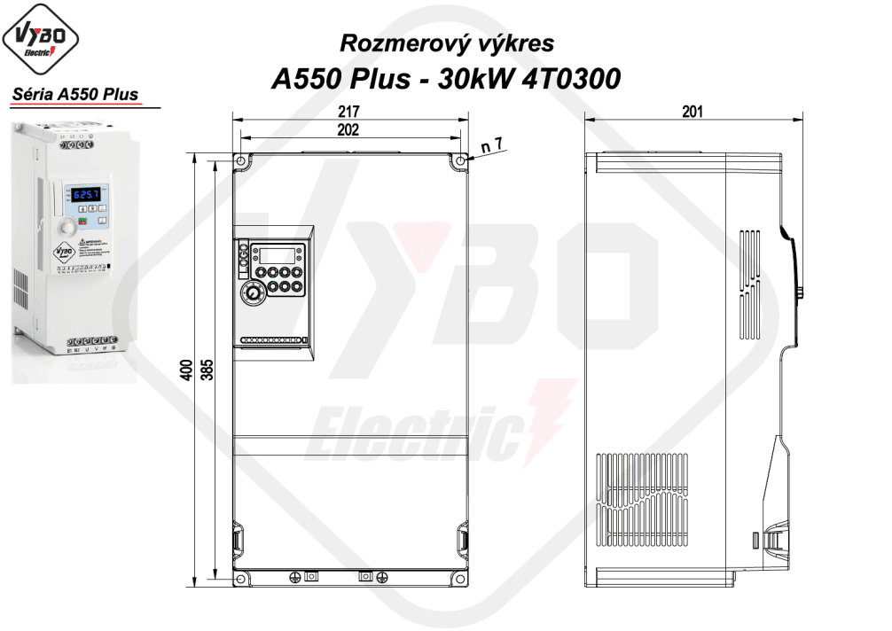 rozměrový výkres frekvenční měnič A550 Plus 4T0300