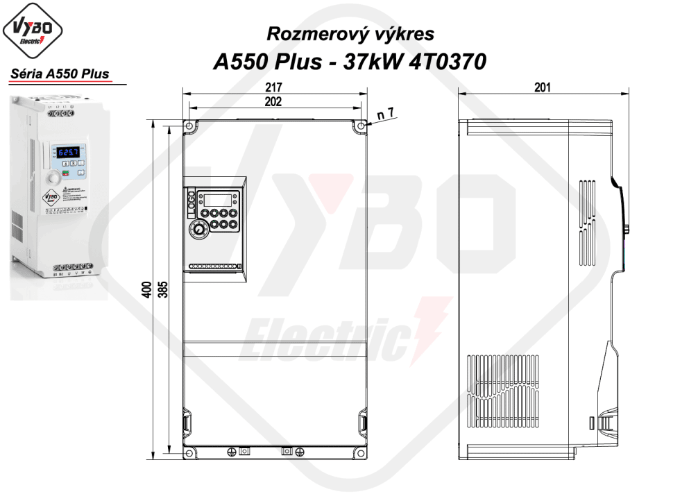 rozměrový výkres frekvenční měnič A550 Plus 4T0370