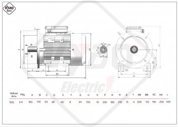 rozměrový výkres jednofázové elektromotory velikost 100L