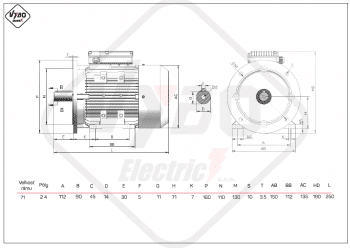 rozměrový výkres jednofázové elektromotory velikost 71