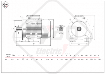 rozměrový výkres jednofázové elektromotory velikost 80
