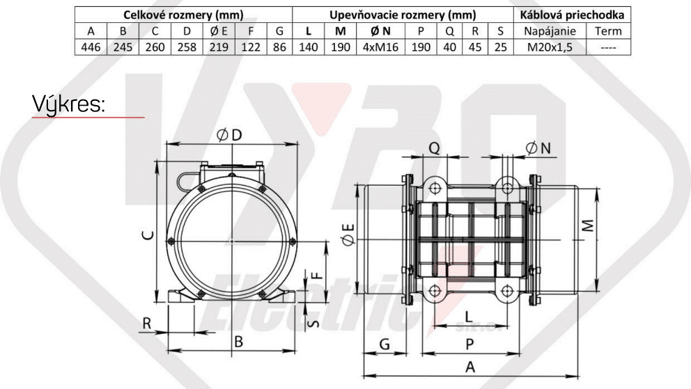 rozměrový výkres vibrační elektromotor 1,5kw BM1600/3