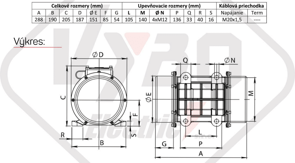 rozměrový výkres vibrační elektromotor 0,5kw BM650/3-V