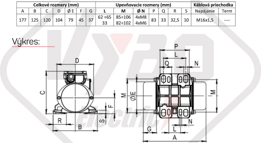 rozměrový výkres vibrační elektromotor 0,10kw BM95/3