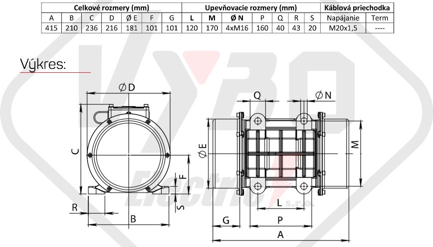 rozměrový výkres vibrační elektromotor 0,6kw BM1100-15