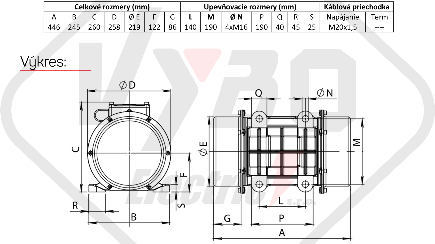 rozměrový výkres vibrační elektromotor 0,95kw BM1500-15