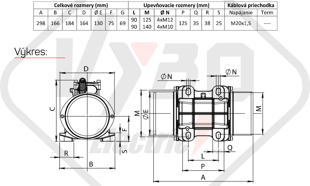 rozměrový výkres vibrační elektromotor 0,18kw BM200-15