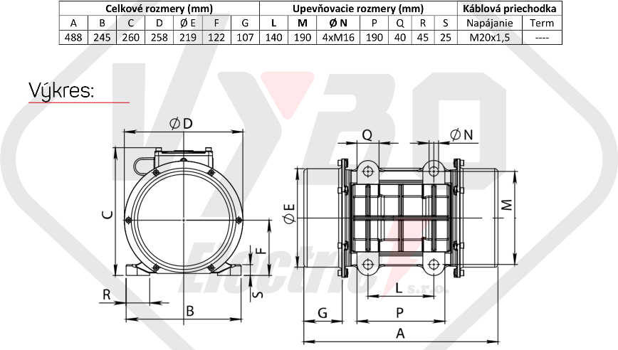 rozměrový výkres vibrační elektromotor 1,2kw BM2000-15