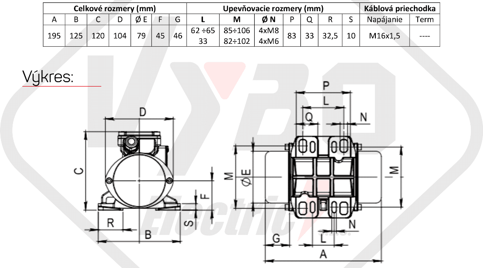 rozměrový výkres vibrační elektromotor 0,075kw BM25-15