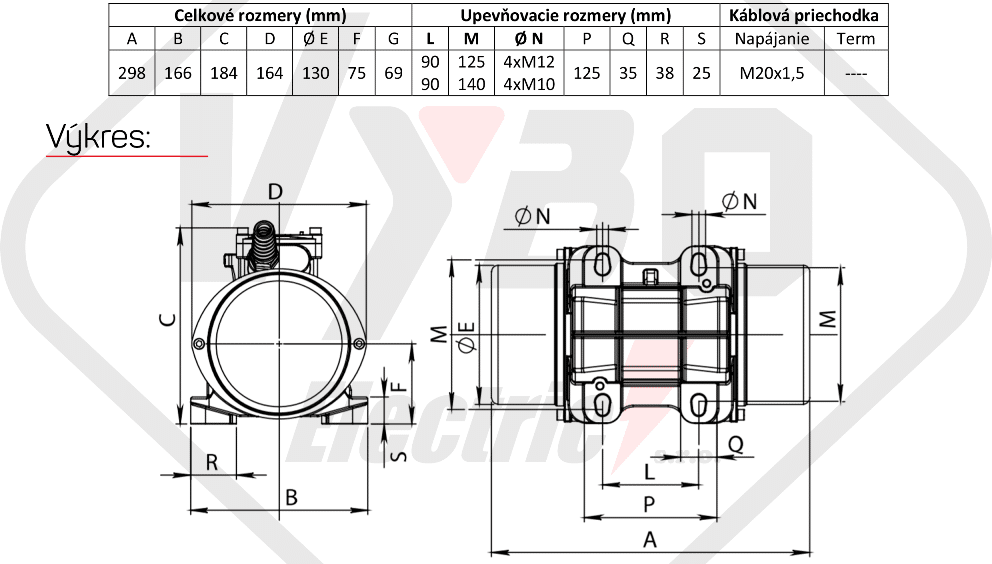 rozměrový výkres vibrační elektromotor 0,18kw BM250-15