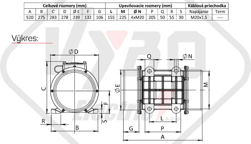 rozměrový výkres vibrační elektromotor 1,7kw BM2700-15