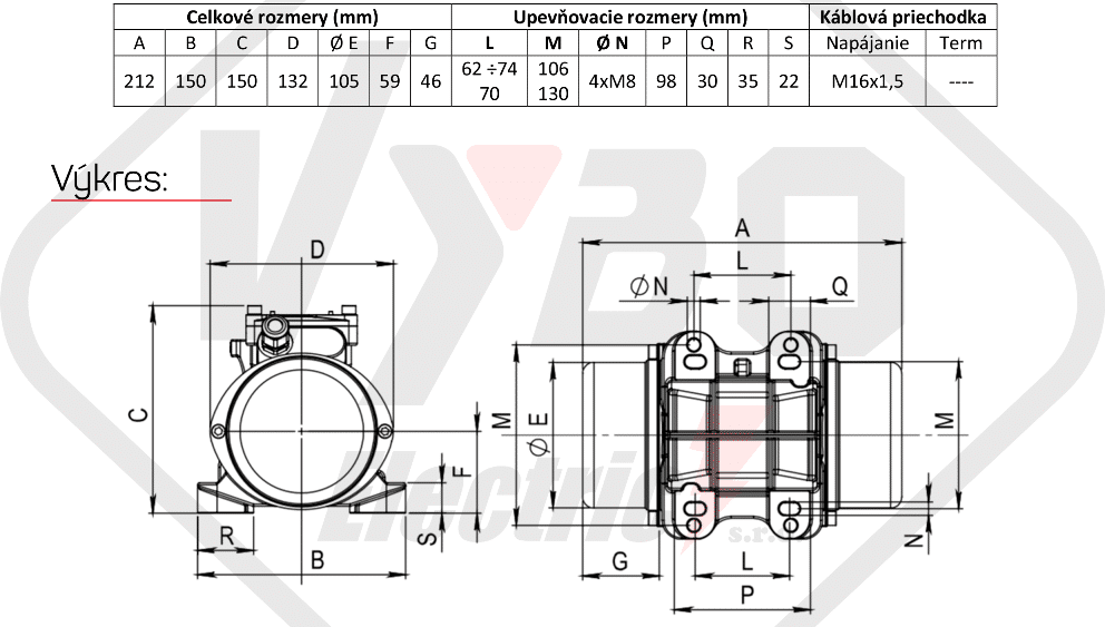 rozměrový výkres vibrační elektromotor 0,08kw BM30-15