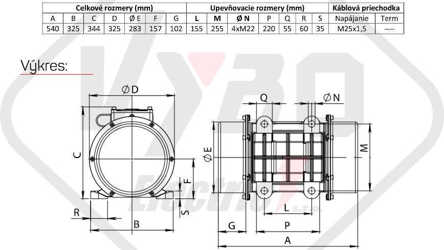 rozměrový výkres vibrační elektromotor 2,2kw BM3800-15