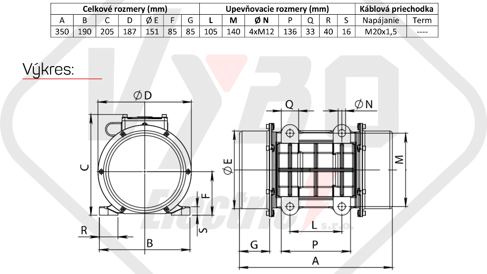 rozměrový výkres vibrační elektromotor 0,31kw BM400-15-V