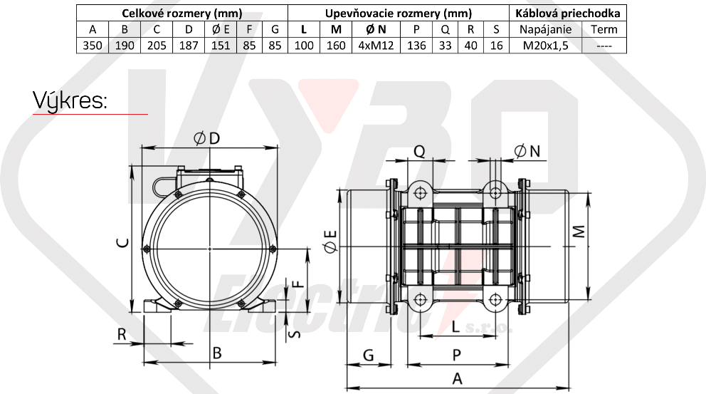 rozměrový výkres vibrační elektromotor 0,31kw BM400-15