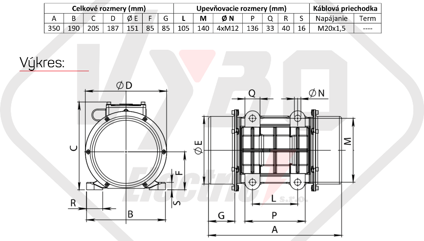 rozměrový výkres vibrační elektromotor 0,34kw BM520-15-V