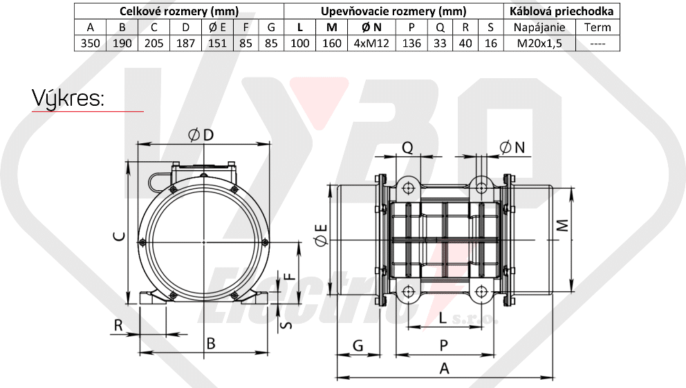 rozměrový výkres vibrační elektromotor 0,34kw BM520-15-V