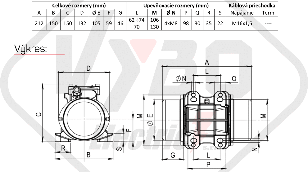 rozměrový výkres vibrační elektromotor 0,095kw BM60-15