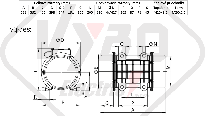 rozměrový výkres vibrační elektromotor 6kw BM7000-15