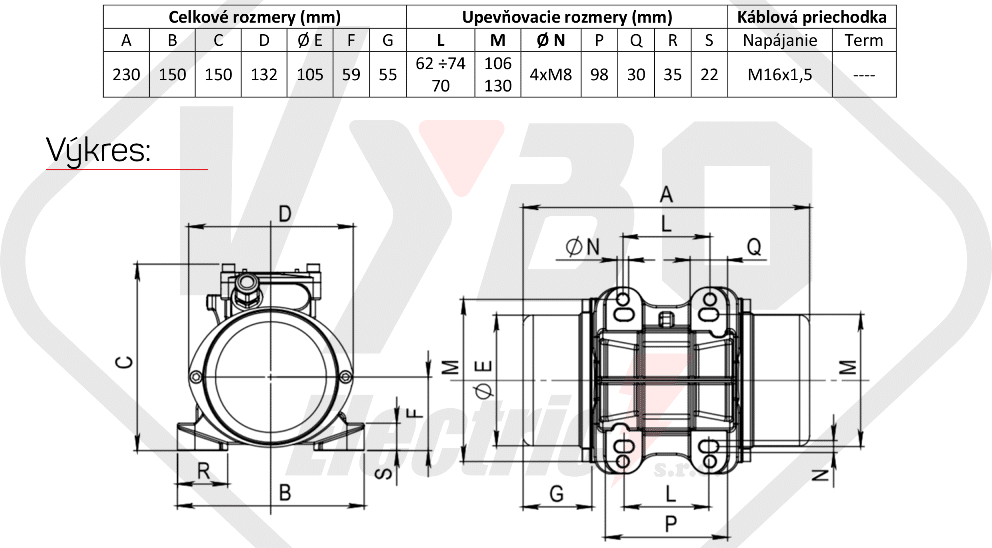 rozměrový výkres vibrační elektromotor 0,095kw BM90-15