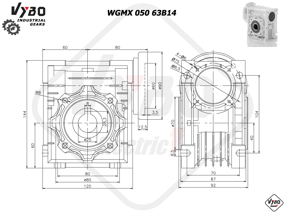 rozměry šneková převodovka wgmx050 63B14