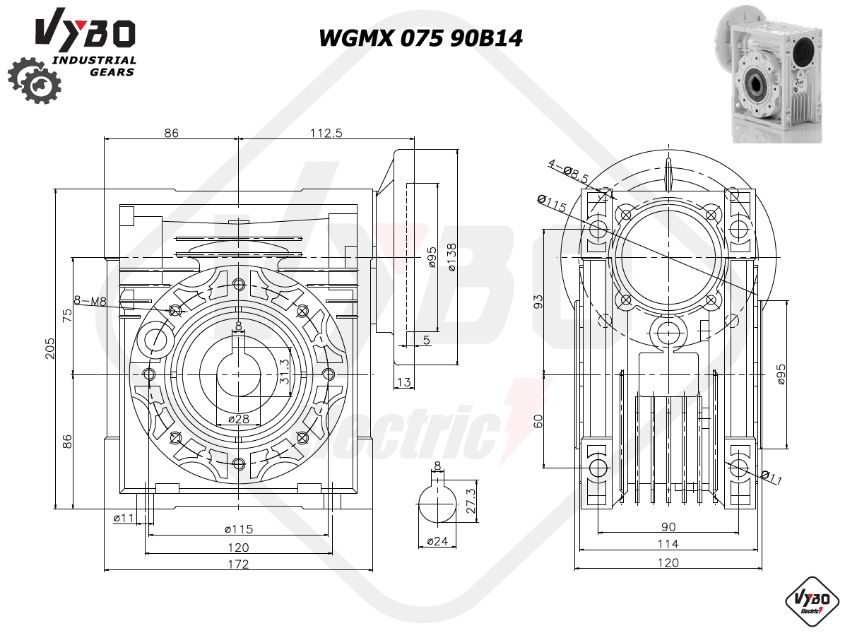 rozměry šneková převodovka wgmx075 90B14