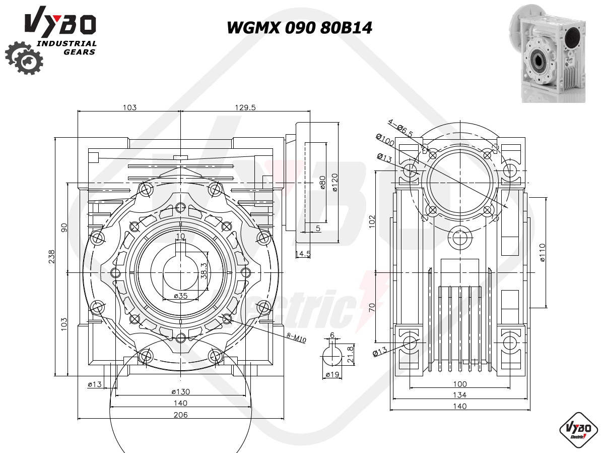 rozměry šneková převodovka wgmx090 80B14