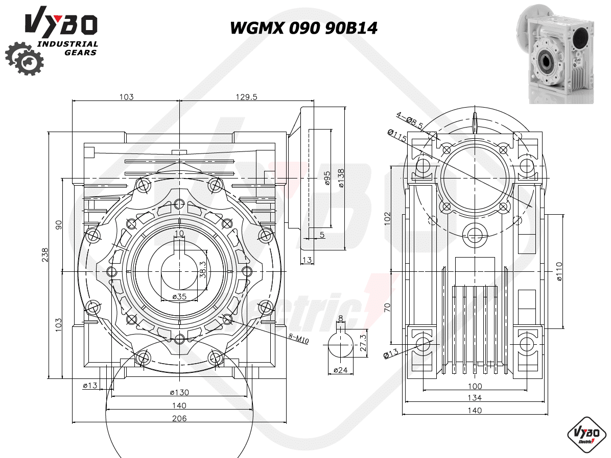 rozměry šneková převodovka wgmx090 90B14