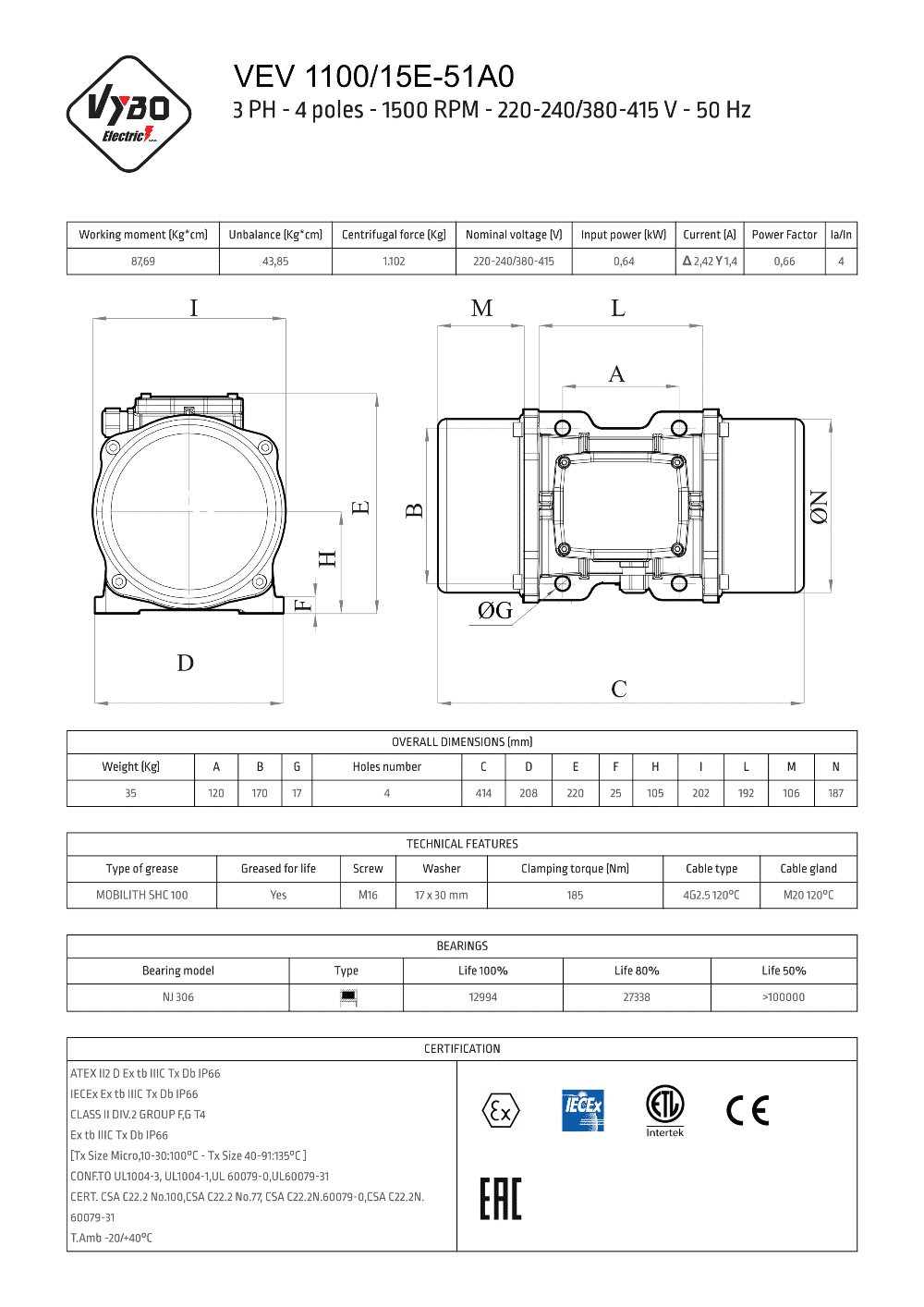 dátový list vibrační motor VEV1100-15E-51A0