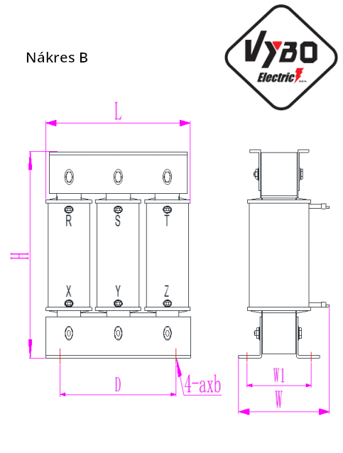 výstupní tlumivky rozměrová schéma B vybo electric